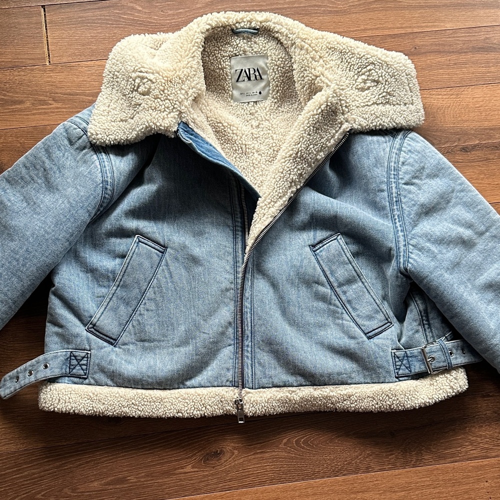 ZARA Faux Shearling Biker Denim Jacket. Oversized. Large. - Picture 2 of 8